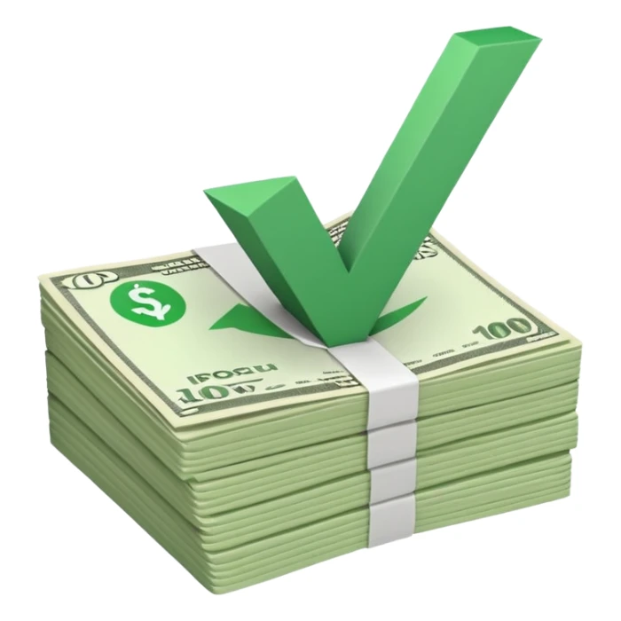 stack of bills facing up with a big green tick in the background sticker