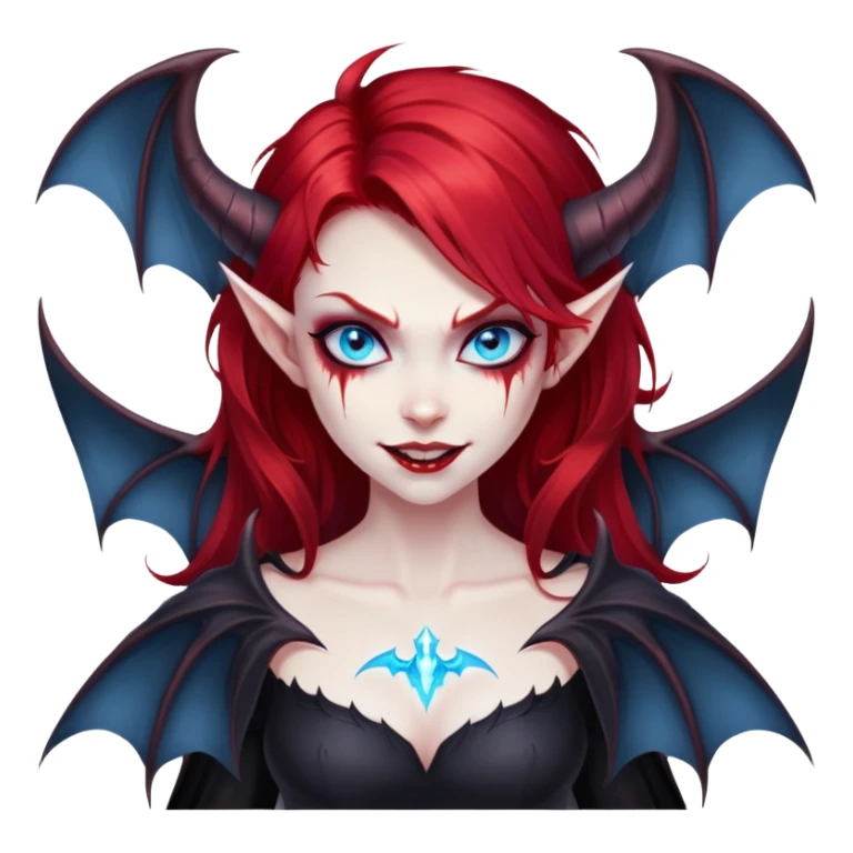 extremely diabolical girl with demonic bat wings, blood red hair, glowing blue eyes, black hellfire aura, sharp horns, evil grin sticker