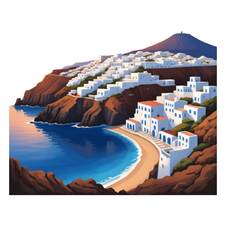 Cinematic Realistic Santorini Caldera Landmark Emoji, featuring white-washed buildings perched on volcanic cliffs, overlooking the deep blue Aegean Sea, with warm sunset hues illuminating the sky and reflecting off the water. sticker