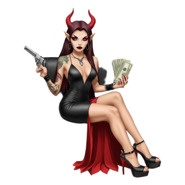 Lilith model red eye sexy black  devil horns.  long brown haired sexy succubus woman with leather long dress slit, sitting in limo. Wearing Black Platform high heels on feet. Tattoo sleeve arms, she has stacks of cash and a man dead human skull is on top of stack of cash and a gun in  hand sticker