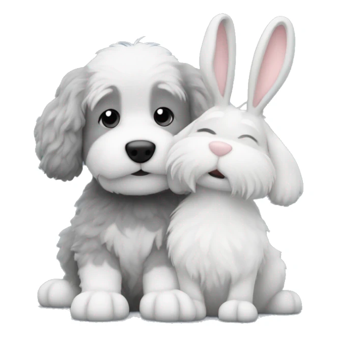 Grey and white fluffy dog petting a bunny ￼ sticker
