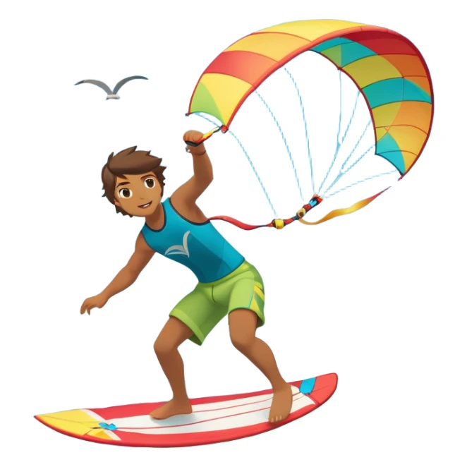 A kite surfer soaring above the waves, holding onto a kite with the wind in full force. The background showcases the ocean and sky, emphasizing the freedom, thrill, and energy of the sport. The motion of the kite and board is dynamic, capturing the excitement of kiting. sticker