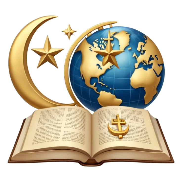 An icon featuring a sacred book, a cross, a crescent moon, and a star, symbolizing the study of religions. The design includes diverse religious symbols and a globe, representing global beliefs and spiritual practices. Transparent background highlights the exploration of faiths and traditions. sticker