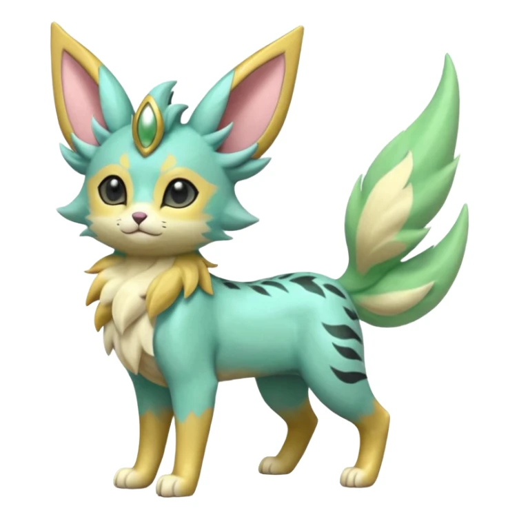 Epic complex detailed pastel minty green, pastel beige yellow pastel realistic aesthetic-scenic-Fakémon-Zorua-Litten-Leafeon-Sylveon-Trico-Sergal-Serval-Vernid-creature (full body) with far wings, shiny sparkly fairycore theme  sticker