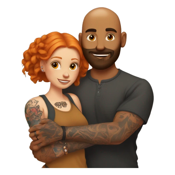 Indian Beard guy with bald head and tattoos on left hand hugging a ginger hair Croatian girl with septum ring and tattoos on right hand  sticker