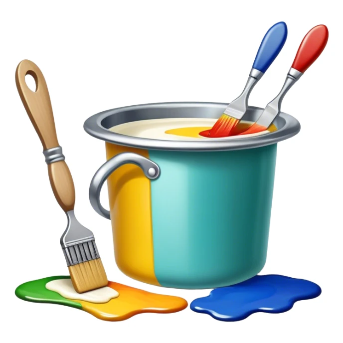 Enamel on metal icon, metal surface with vibrant enamel coatings, visible process of applying enamel with fine brush strokes, colorful enamel layers on metal, tools like paintbrush and enamel pots, no finished artwork, just the enameling process, minimalistic style, clean lines, transparent background. sticker