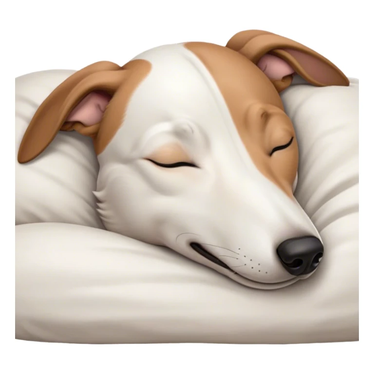 Meme-Worthy Cute Sleeping White and Brown Greyhound Portrait Emoji, Head resting peacefully with a contented smile, showcasing a lean, graceful build and a luxuriously smooth Fur of white with brown accents, eyes shut in a serene nap, Simplified yet hilariously adorable features, highly detailed, glowing with a soft, drowsy light, high shine, relaxed and utterly lovable, stylized with an air of playful laziness, bright and heartwarming, soft glowing outline, capturing the essence of a comically sleepy racer, so meme-worthy it feels like it could instantly become the next viral sensation of adorable slumber! sticker