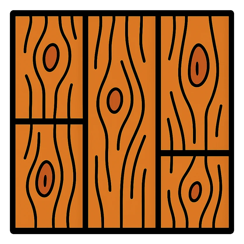 European hardwood floor icon, rustic finish, visible knots, medium brown, top-down view, color outline style sticker