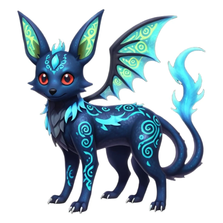 Shiny Fiery Dark Ugly Evil Realistic Glowing Eldritch Horror Cool Edgy Badass Emo Glorious Demonic Batty Dusky Ethereal Sparkly Shimmering Magical Punky Aural Iridescent Fluorescent Bioluminescent Umbreon-Noibat-Salandit-Litten-Flareon-Fakémon-fusion (full body) with intricate pattern markings sticker