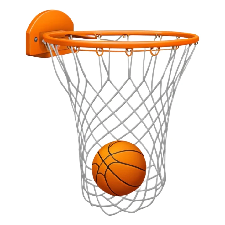 Basketball falling through white net, motion lines, minimal design, iOS emoji style sticker