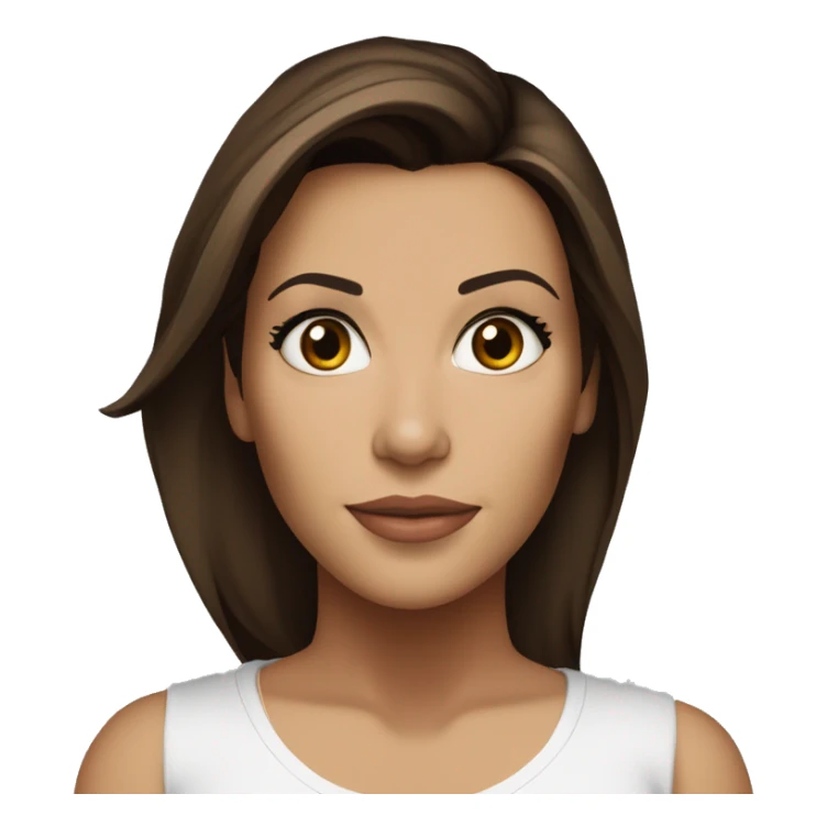 3/4 face, contrasted, shadow, light, Eva Longoria expression, standing from a distance, thin nose, brunette woman, hazel eyes, long eyelashes, dark shoulder shaded hair, white t-shirt, jeans, white sneakers sticker