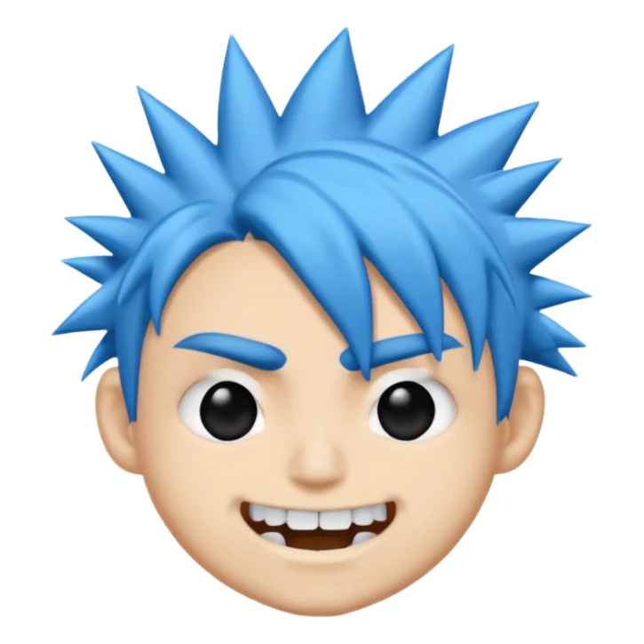 2D de gorillaz como emoji,cabelo azul bagunçado espetado ,olho totalmente branco e espaço grande entre os dentes ,com nariz e sobrancelha preta grossa sticker