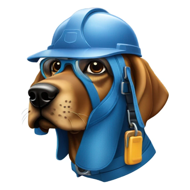 blue bloodhound with a hard hat a tool belt and protective glasses. sticker