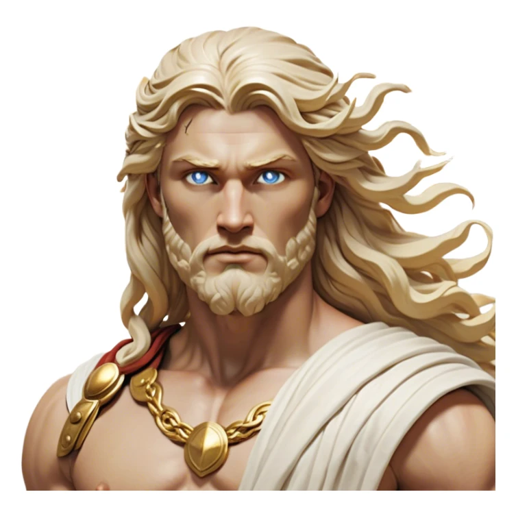 Cinematic Realistic Thor Portrait, depicted as a classical Greek god with a chiseled, sculpted physique reminiscent of ancient marble statues. His fair, luminous skin carries a subtle golden sheen, and his long, wavy, sun-kissed golden hair flows elegantly around his noble face, accentuating his determined, piercing eyes. Draped in a flowing white toga with delicate golden accents and hints of lightning motifs, the portrait is rendered in dynamic natural lighting with a radiant, mythic glow that exudes timeless strength and divine grace. sticker