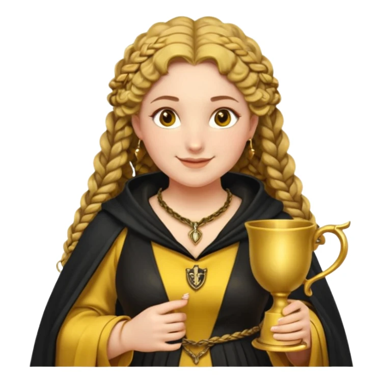 Helga Hufflepuff, 2 curly thick brown braids, yellow-black medieval dress, black cloak decorated with gold braiding, tiny two-handled shiny yellow-gold cup, very kind smile, curvy busty sweet woman, thick rosy cheeks sticker