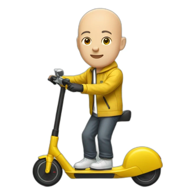 bald man with no helmet on a xiaomi e-scooter whearing a yellow jacket sticker