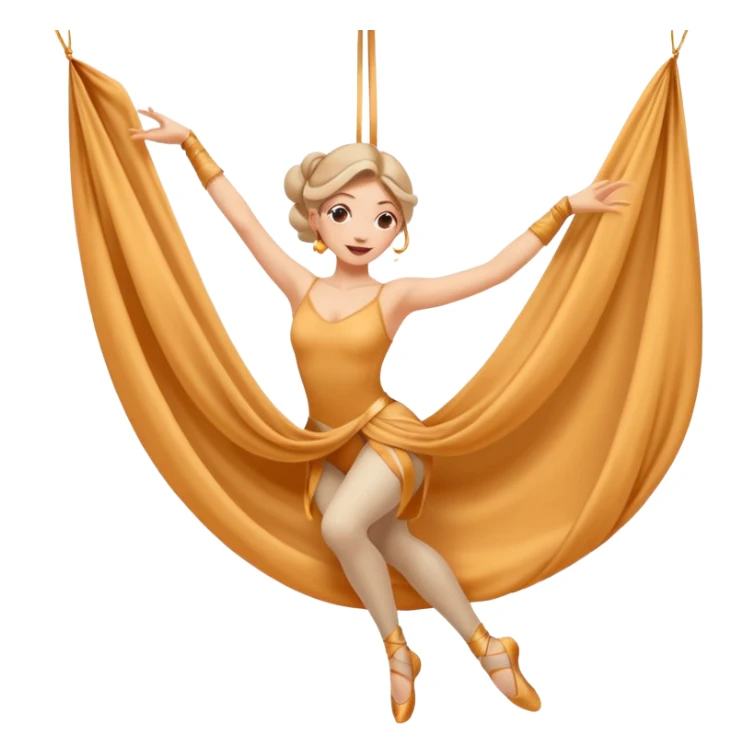 Emoji estilo ilustración de una mujer practicando danza aérea en tela, colgada en telas de seda, expresión feliz, estilo emoji moderno, colores suaves, fondo simple sticker