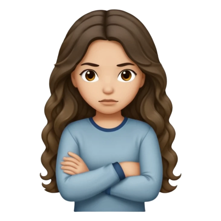 Hispanic light tan girl with long dark wavy hair with arms folded while pouting. Wearing a long sleeve. Hair with middle part. sticker