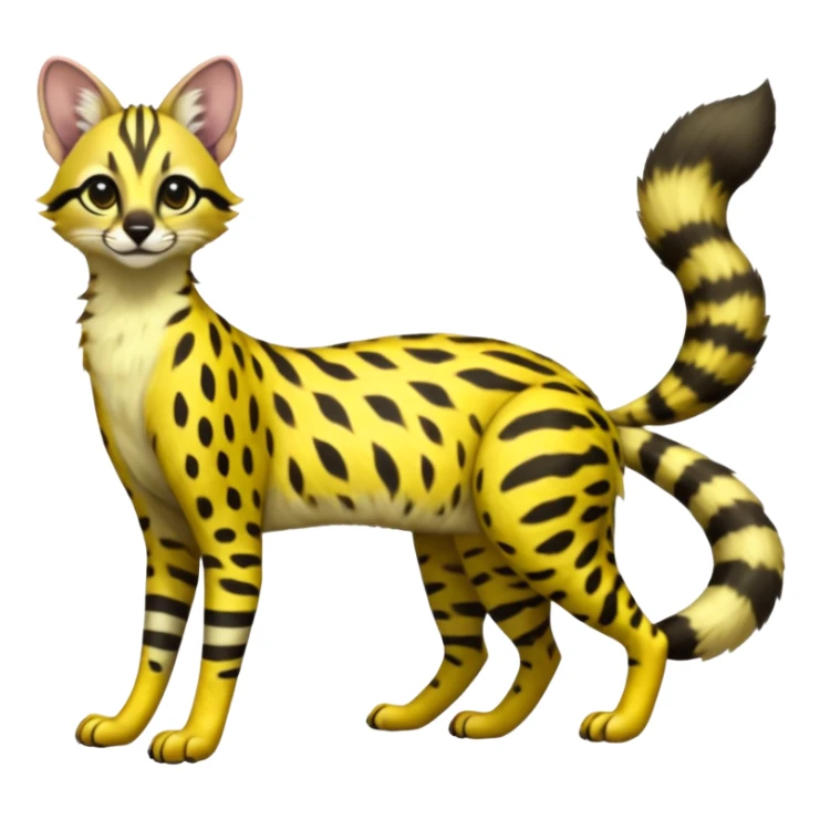 Lanky slender beautiful elegant spotted hype-realistic, black-maned, vibrant yellow Genet-Serval-Cacomistle-Civet-fusion-hybrid-furry-fursona, full body, with a long puffy fluffy black-and-white-striped tail sticker