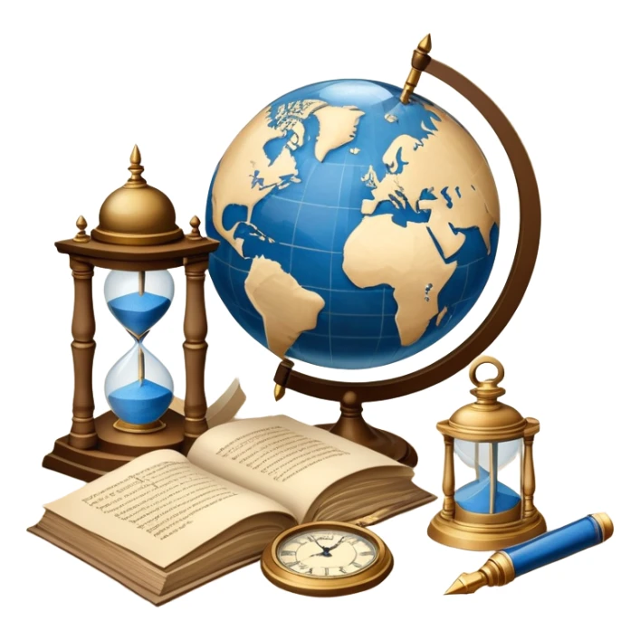 An icon featuring ancient scrolls, a quill pen, and large, old-fashioned sand clocks, symbolizing the study of history. The design includes a globe and a timeline with significant historical events, set against ruins to evoke past civilizations. Transparent background highlights the passage of time. sticker