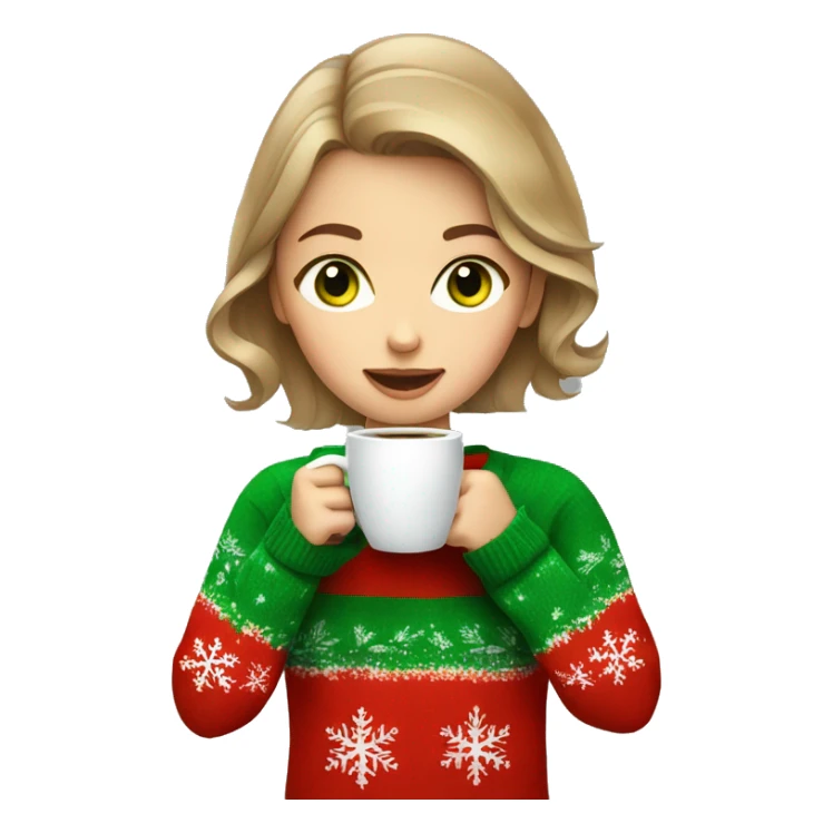 Light brown short haired girl with green eyes drinking coffee wearing red Christmas sweater sticker