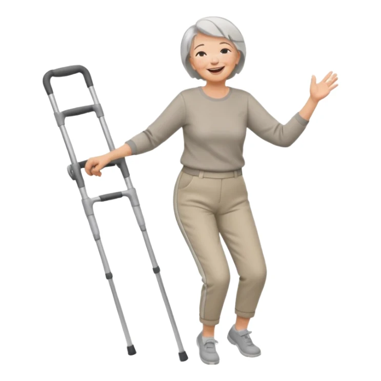 senior woman with pants, short grey hair, laughing and dancing th crutches sticker