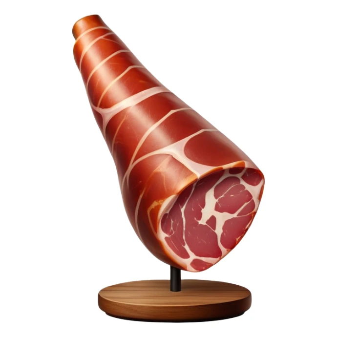 _cinematic-realistic-spanish-ham-leg,-depicted-as-a-massive,-cured-leg-of-jamón-serrano-(ham)-with-a-deep-reddish-brown-hue on the outside,-intricately-marbled-and-slightly-glossy-with-age,-elegantly-displayed-on-a-rustic-wooden-stand-and-bathed-in-warm sticker
