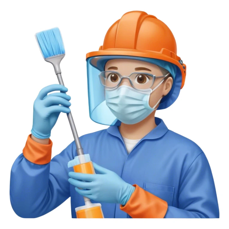 A meticulous cleanroom worker dressed in full protective gear, including a blue sterile suit, a face mask,  and orange gloves.  cleaning glasses with a wipe in one Hand sticker