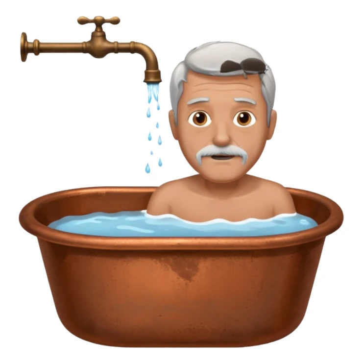 Man with grey hair and grey beard in old copper bath with water running from taps sticker