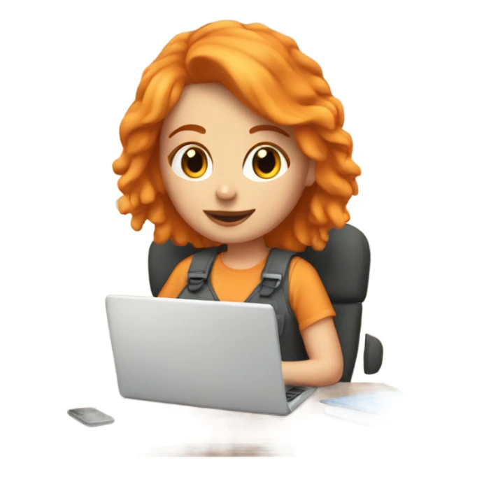 Orange haired white girl working on a laptop in a cozy room sticker