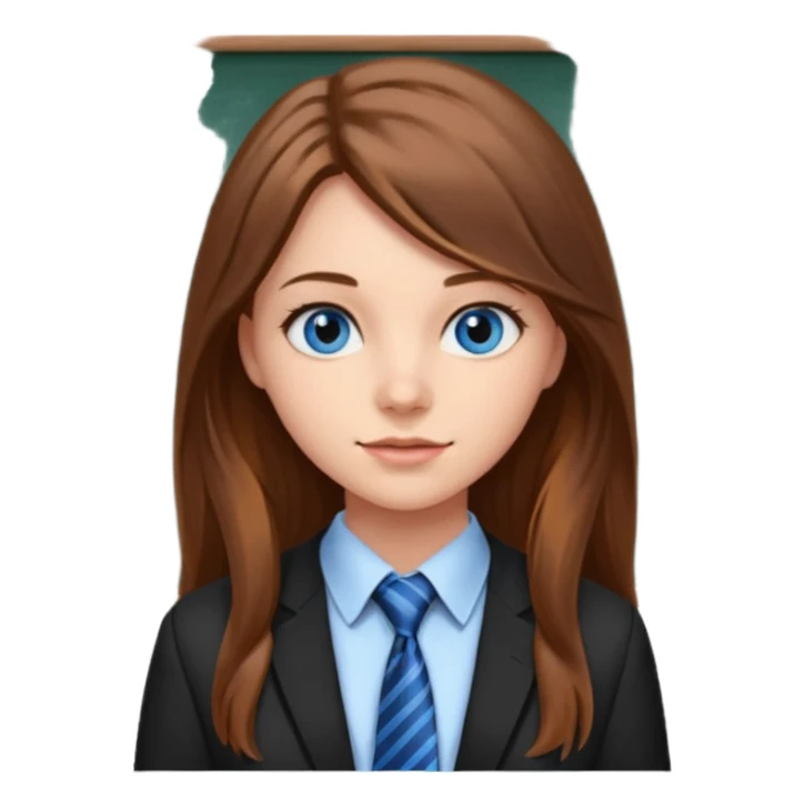 high school class room with a blackboard, with a pretty female high school student with long brown hair, blue eyes, wearing a tie sticker