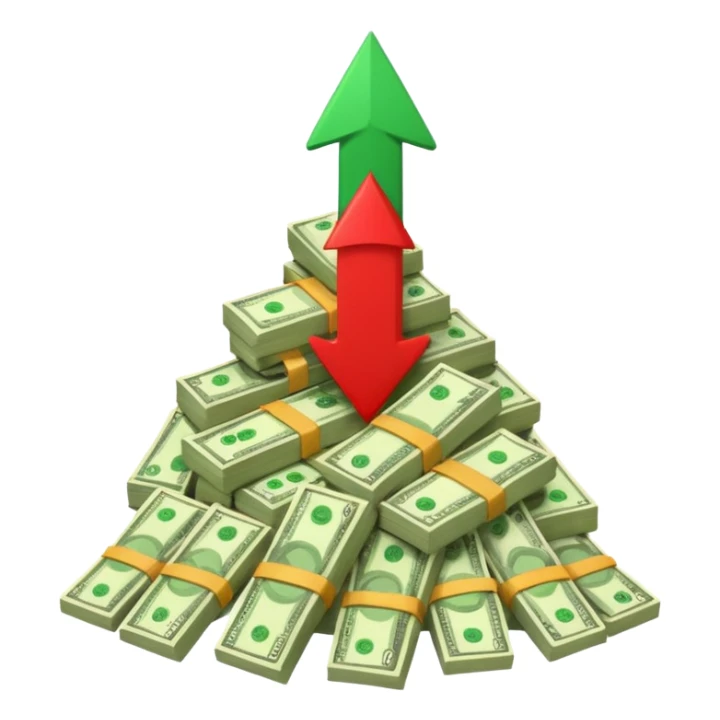 a pile of money with red arrow up sticker
