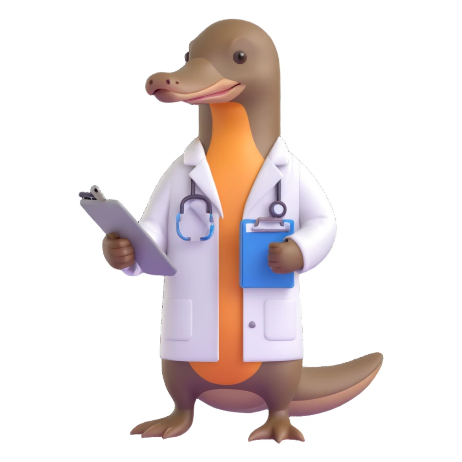 platypus in a white lab coat, holding a clipboard sticker