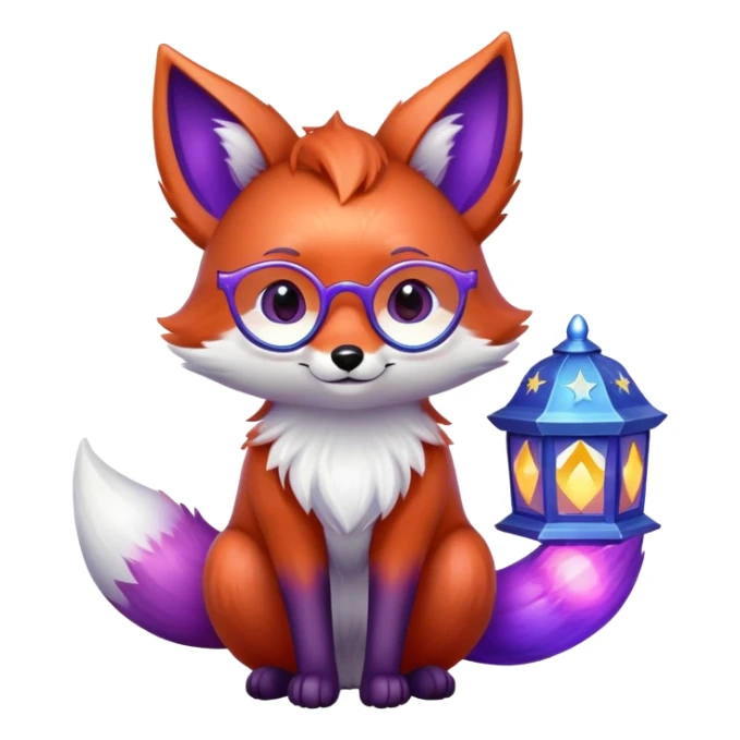 small magical fox with shimmering purple and blue fur, glowing fluffy tail, silver star on forehead, round glasses, tiny lantern, hugging a big red heart sticker