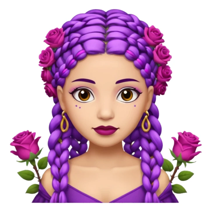 CrownedOlive skin queen with purple braids, brown eyes surrounded by roses sticker