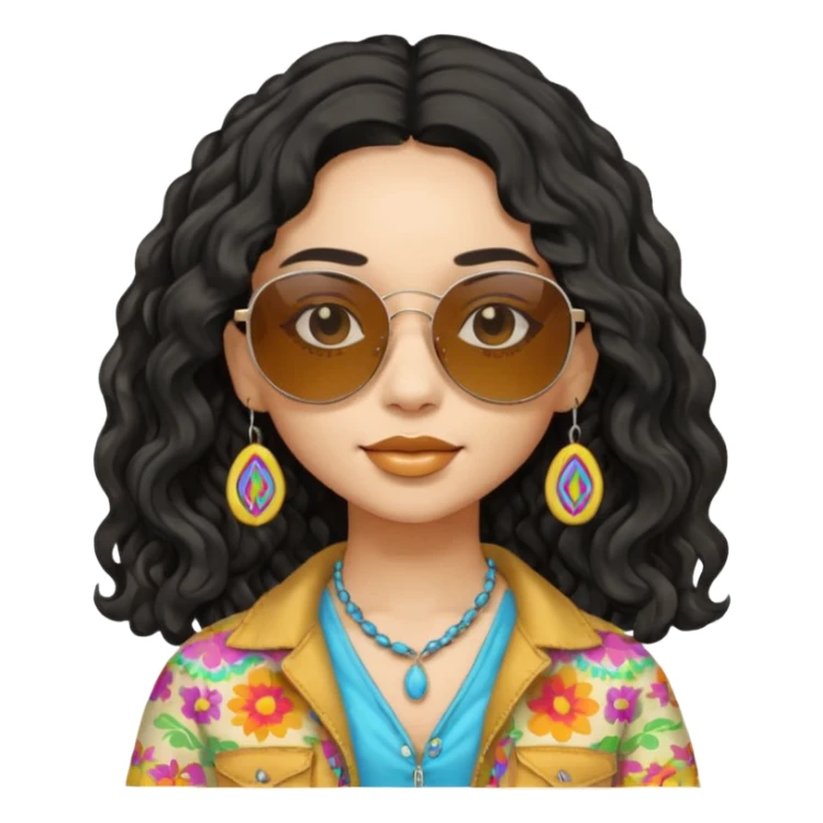 girl in hippies clothes, wearing sunglasses, black wavy hair sticker