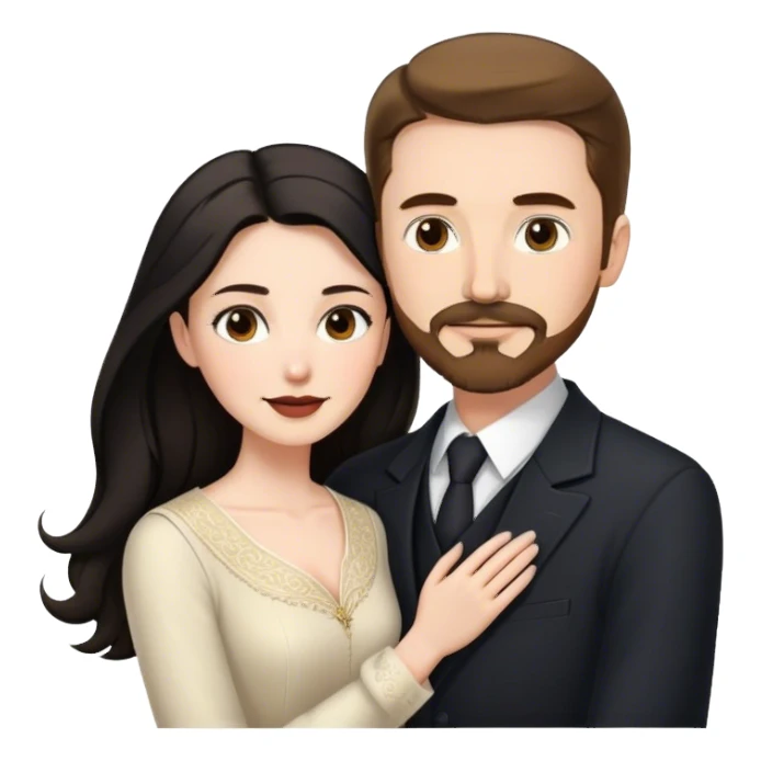 married couple, tall white man with brown hair goatee mustache embracing a pale woman with long black hair, wearing elegant clothing sticker