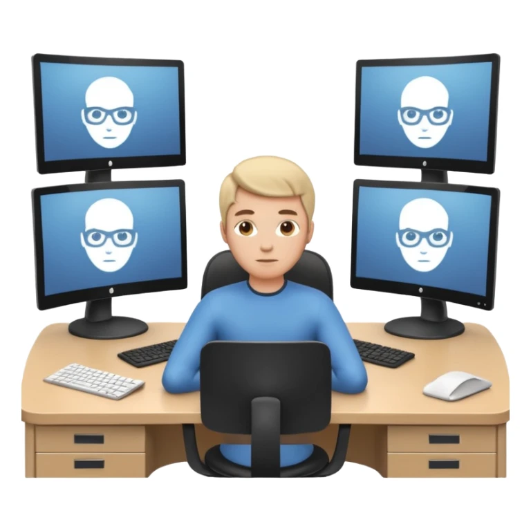 A stylized 3D avatar icon of a developer sitting at a desk, surrounded by three curved monitors floating around them. The screens show browser tabs, documentation, and code. sticker