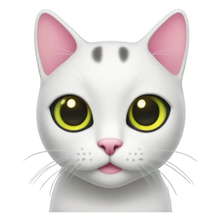 black shorthair cat with pink ears on the inside and eyes that are green around the pupil and yellow around the green collar sticker