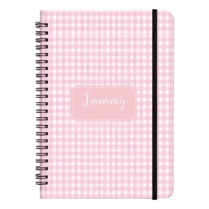 Cute  journal cover, pastel pink gingham pattern
Handwritten feminine typography, soft aesthetic, cozy girl vibe
Clean product mockup, minimal shadows, lifestyle stationery style sticker