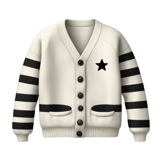 Off-white cardigan with black stripes on the seems, with three gray stars on each sleeve  sticker