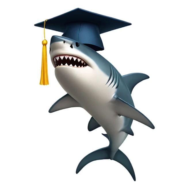 A shark holding a graduation cap and a diploma emoji. sticker