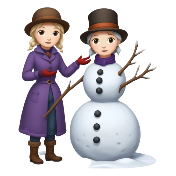 young Virginia Poe and  eldely Maria Clemm  full body building a snowman  1800's sticker