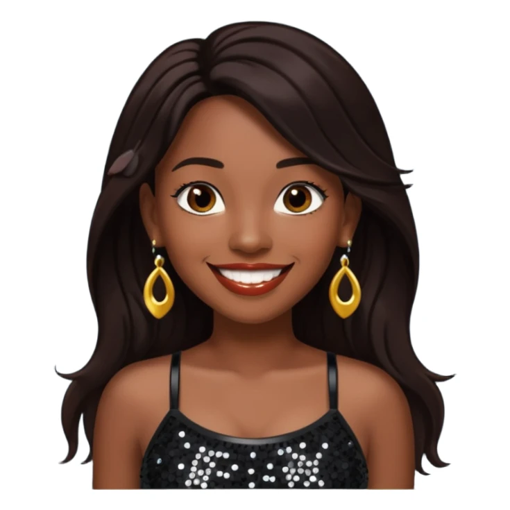 Chilli from TLC with long dark brown hair, black sequin crop top, black earring, dark skin sticker