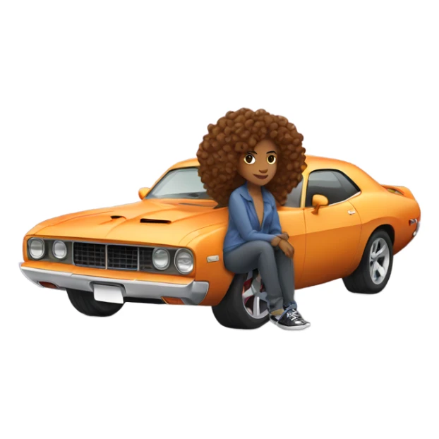 Brown Woman with curly hair leaning on hellcat car sticker