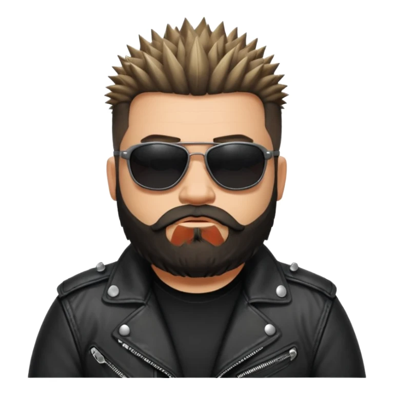 biker gang with black sunglass and rugged and fat guy bearded spicks hair black jacket sticker