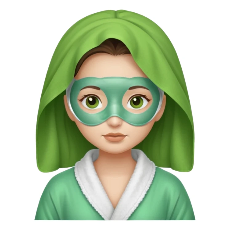 girl in a bathrobe with green facial mask sticker