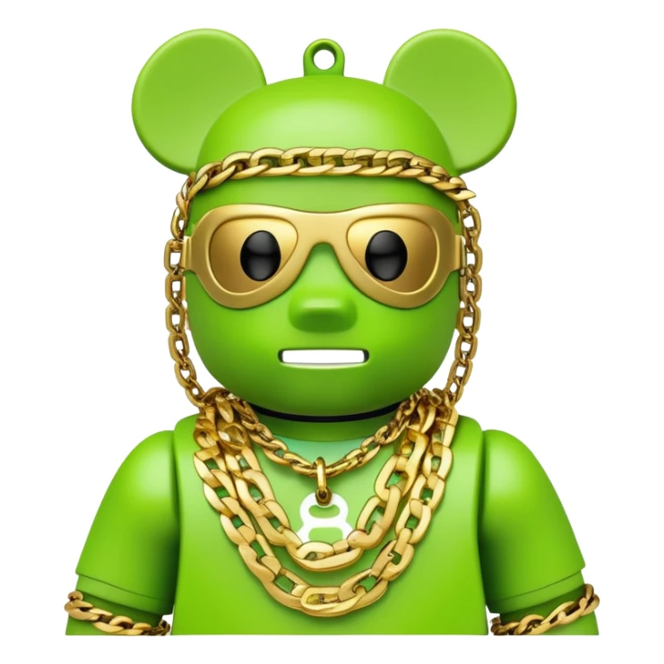 classic bearbrick figure with lime green mask covered in chaotic brand logos, wearing several large gold chains, gold pendant, rapper style accessories, expressive eyebrows sticker