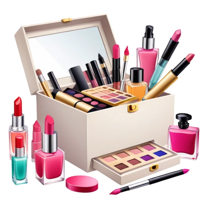 an opened box with various beauty items spilling out, including makeup, skincare, and perfume sticker