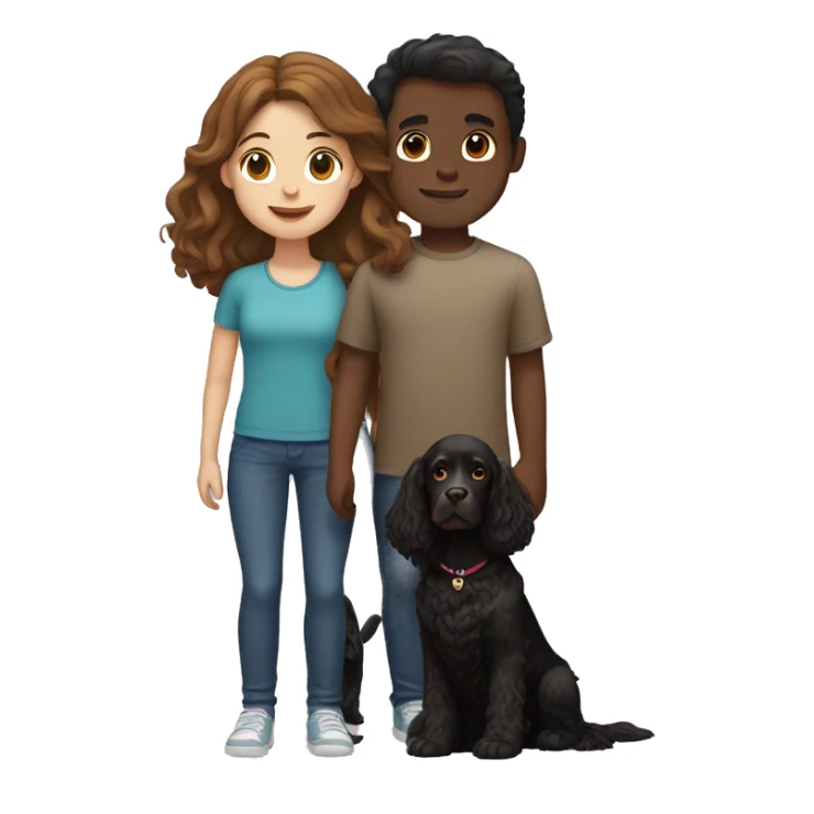 brown-haired girl and brown-haired boy with a black cocker spaniel sticker